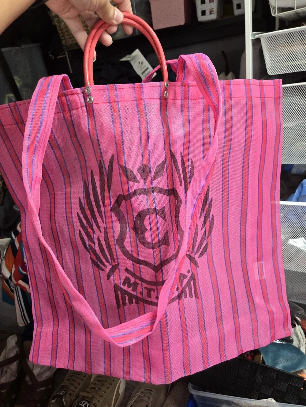 Consuela Pink Mesh Market Tote - MTRA Crest Logo Large